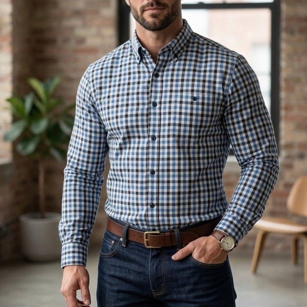 Johnnie O Hangin Out Coen Shirt Mens M Button Up Plaid  Gray Blue‎ Long sleeve